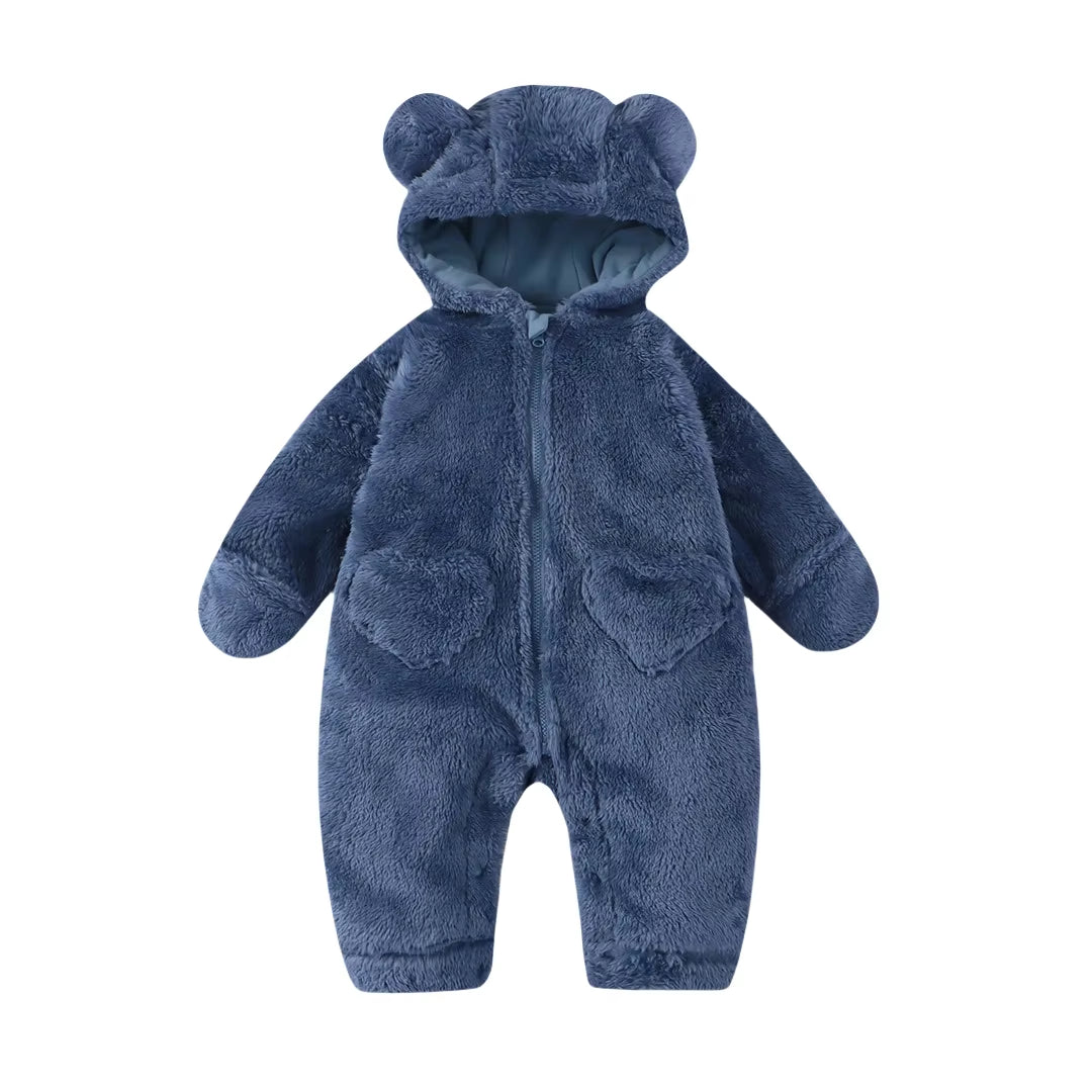 2026 Winter Newborn Baby Cartoon Bear Plush Onesie Hooded Ear Fluffy Romper Unisex 0-12M Thermal Infant Jumpsuit Warm Outfit