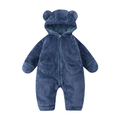 2026 Winter Newborn Baby Cartoon Bear Plush Onesie Hooded Ear Fluffy Romper Unisex 0-12M Thermal Infant Jumpsuit Warm Outfit