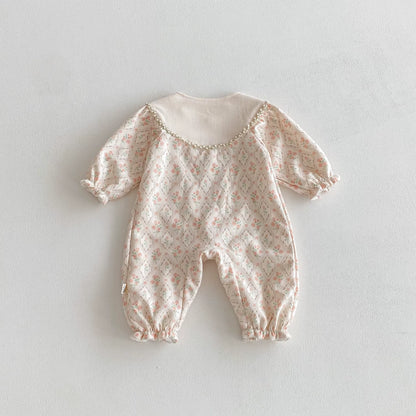 Autumn and Winter Girls' Clothing: One-Piece Pants, Flower-Patterned Long Sleeves, Long Crawl