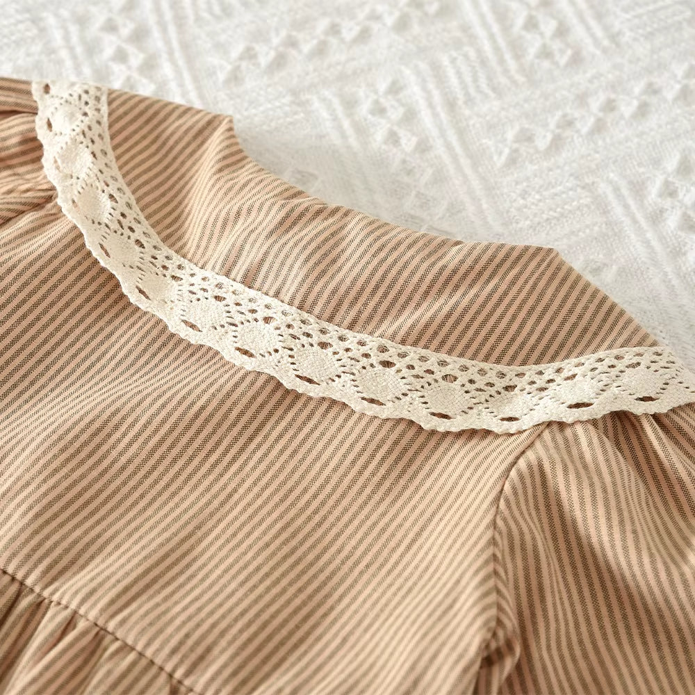 Cute Doll Collar Baby Girls Jumpsuit Autumn Long Sleeved Striped Printed Kids Jumpsuit Korean Version Khaki Children's Clothing