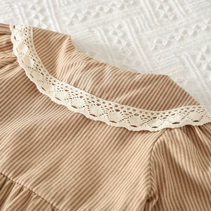 Cute Doll Collar Baby Girls Jumpsuit Autumn Long Sleeved Striped Printed Kids Jumpsuit Korean Version Khaki Children's Clothing