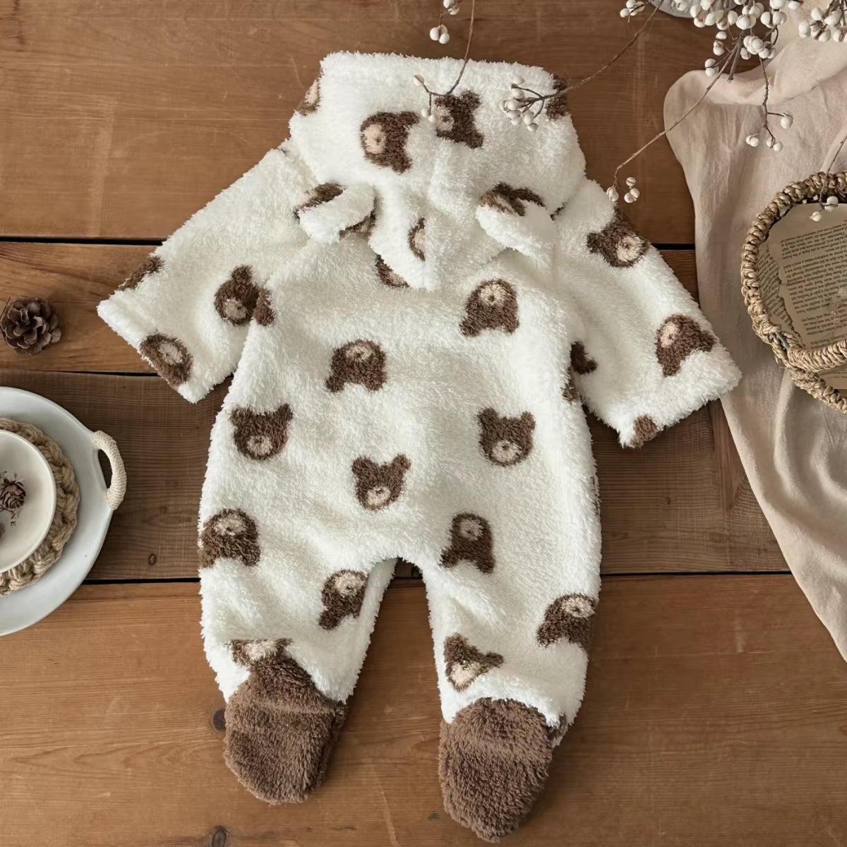 Newborn Baby Boys Girls Winter Climbing Clothes Long Sleeve Wrap Foot Bear Head Full Print Plush Hooded Zipper Fashion Jumpsuit