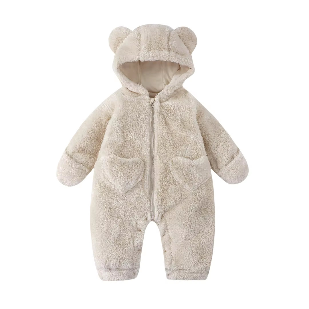 2026 Winter Newborn Baby Cartoon Bear Plush Onesie Hooded Ear Fluffy Romper Unisex 0-12M Thermal Infant Jumpsuit Warm Outfit