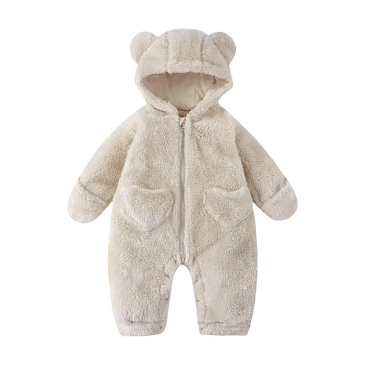 2026 Winter Newborn Baby Cartoon Bear Plush Onesie Hooded Ear Fluffy Romper Unisex 0-12M Thermal Infant Jumpsuit Warm Outfit