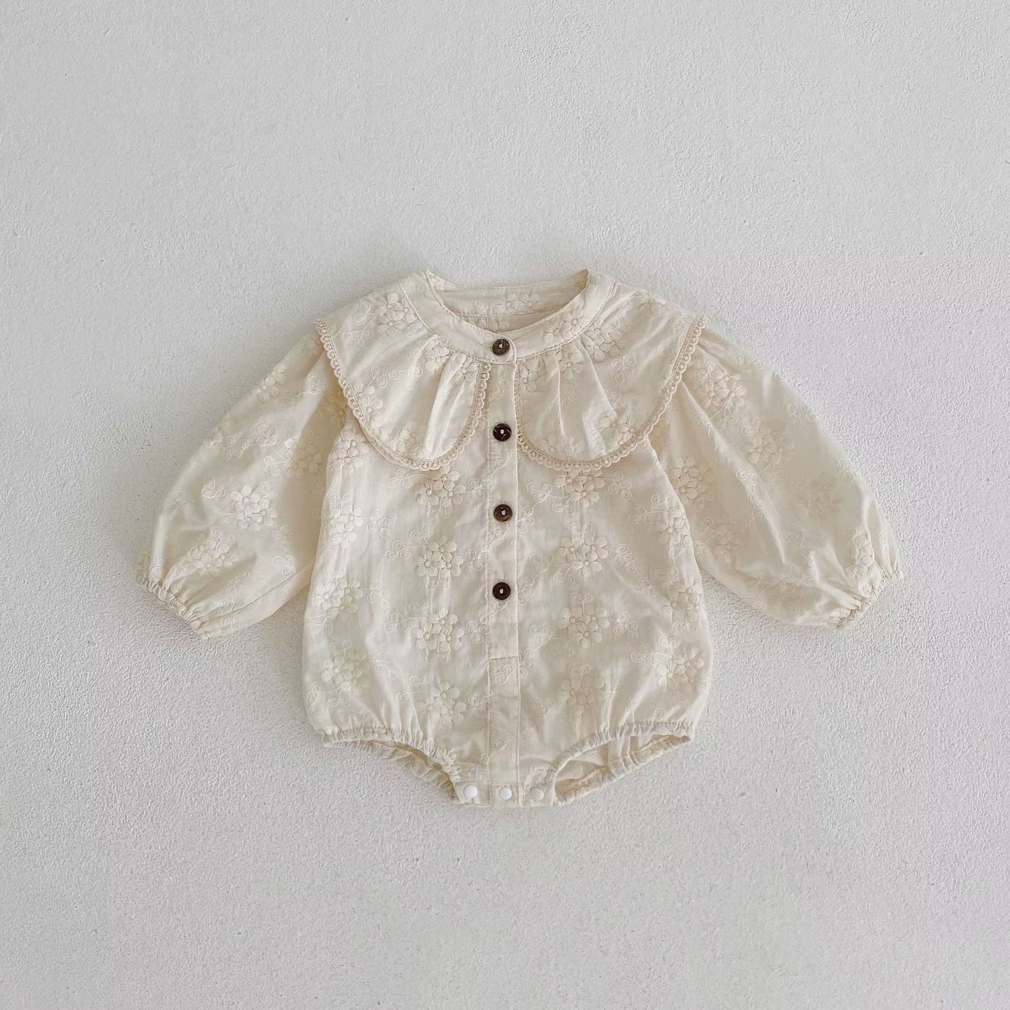 Spring and Autumn New Pure Cotton Infant and Toddler Girl Baby Flower Embroidery Large Neck Long Sleeve Loose Triangle Sweetheart