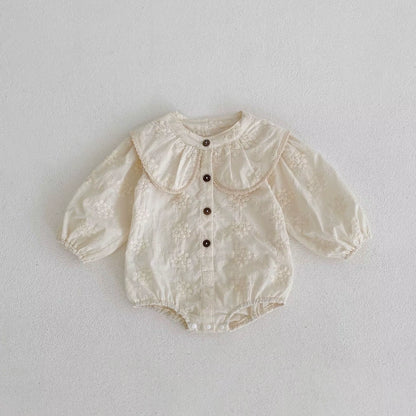 Spring and Autumn New Pure Cotton Infant and Toddler Girl Baby Flower Embroidery Large Neck Long Sleeve Loose Triangle Sweetheart