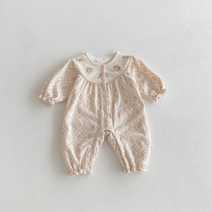 Autumn and Winter Girls' Clothing: One-Piece Pants, Flower-Patterned Long Sleeves, Long Crawl