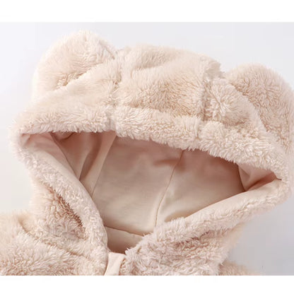 2026 Winter Newborn Baby Cartoon Bear Plush Onesie Hooded Ear Fluffy Romper Unisex 0-12M Thermal Infant Jumpsuit Warm Outfit