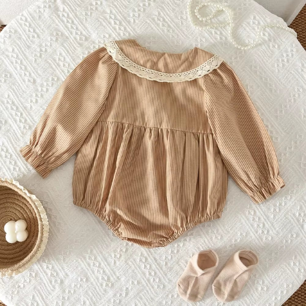 Cute Doll Collar Baby Girls Jumpsuit Autumn Long Sleeved Striped Printed Kids Jumpsuit Korean Version Khaki Children's Clothing