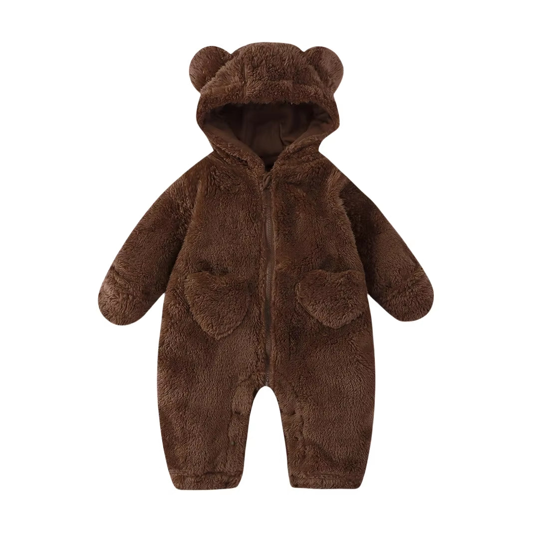 2026 Winter Newborn Baby Cartoon Bear Plush Onesie Hooded Ear Fluffy Romper Unisex 0-12M Thermal Infant Jumpsuit Warm Outfit