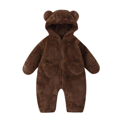 2026 Winter Newborn Baby Cartoon Bear Plush Onesie Hooded Ear Fluffy Romper Unisex 0-12M Thermal Infant Jumpsuit Warm Outfit