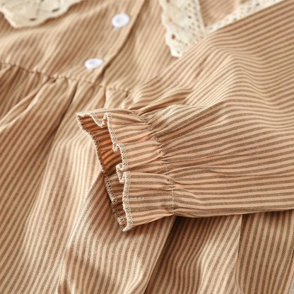 Cute Doll Collar Baby Girls Jumpsuit Autumn Long Sleeved Striped Printed Kids Jumpsuit Korean Version Khaki Children's Clothing