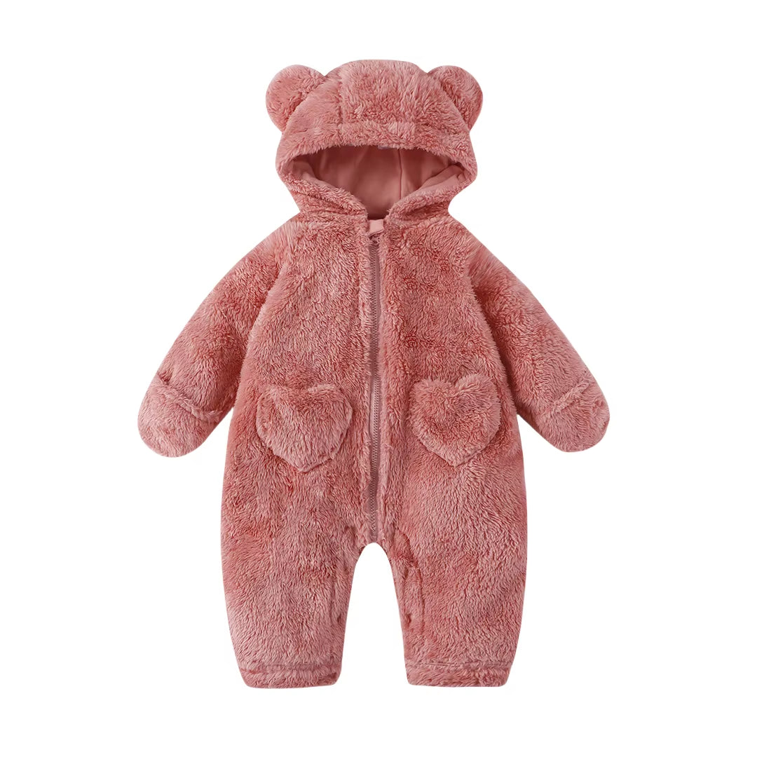2026 Winter Newborn Baby Cartoon Bear Plush Onesie Hooded Ear Fluffy Romper Unisex 0-12M Thermal Infant Jumpsuit Warm Outfit