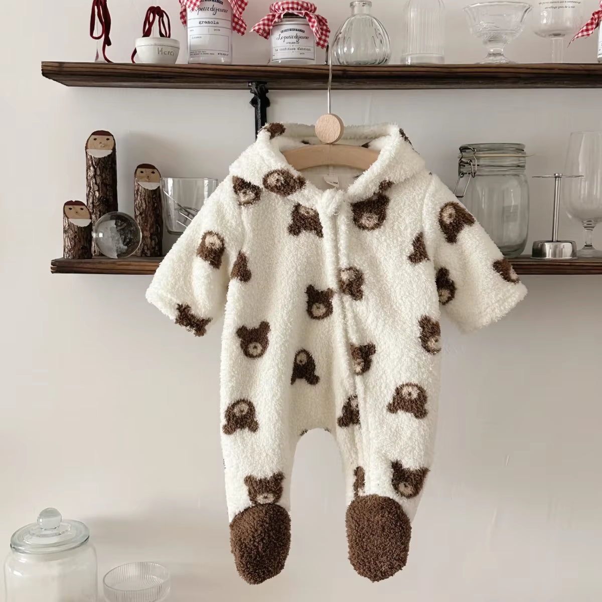 Newborn Baby Boys Girls Winter Climbing Clothes Long Sleeve Wrap Foot Bear Head Full Print Plush Hooded Zipper Fashion Jumpsuit