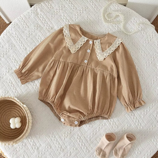 Cute Doll Collar Baby Girls Jumpsuit Autumn Long Sleeved Striped Printed Kids Jumpsuit Korean Version Khaki Children's Clothing