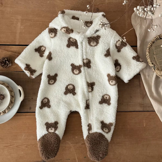 Newborn Baby Boys Girls Winter Climbing Clothes Long Sleeve Wrap Foot Bear Head Full Print Plush Hooded Zipper Fashion Jumpsuit