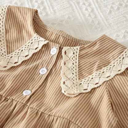 Cute Doll Collar Baby Girls Jumpsuit Autumn Long Sleeved Striped Printed Kids Jumpsuit Korean Version Khaki Children's Clothing