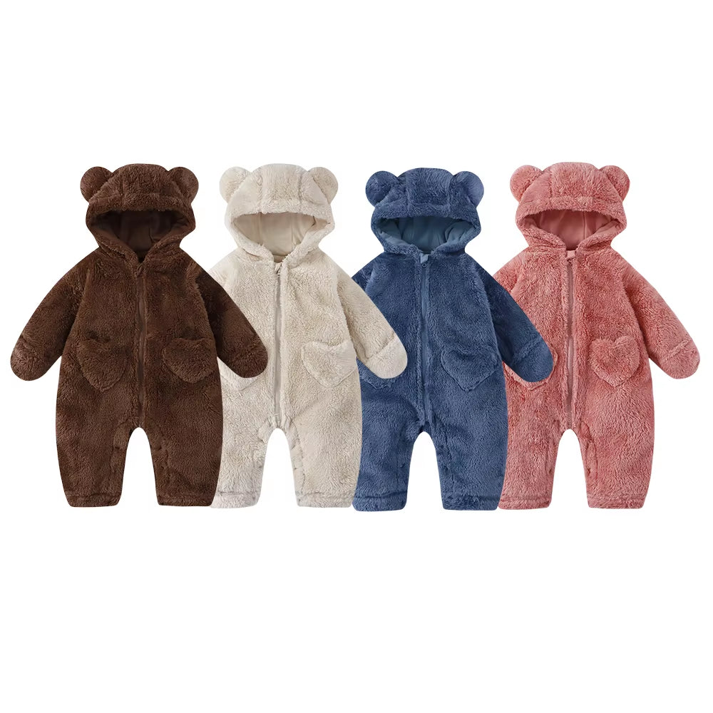 2026 Winter Newborn Baby Cartoon Bear Plush Onesie Hooded Ear Fluffy Romper Unisex 0-12M Thermal Infant Jumpsuit Warm Outfit