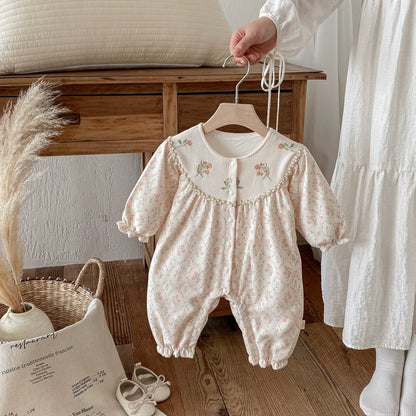 Autumn and Winter Girls' Clothing: One-Piece Pants, Flower-Patterned Long Sleeves, Long Crawl