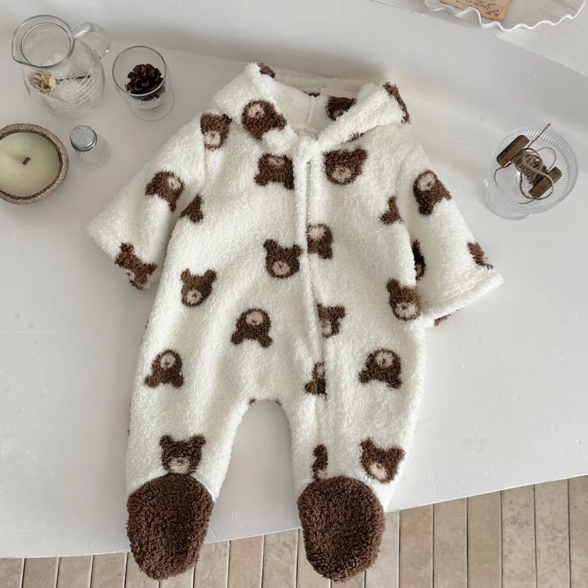 Newborn Baby Boys Girls Winter Climbing Clothes Long Sleeve Wrap Foot Bear Head Full Print Plush Hooded Zipper Fashion Jumpsuit